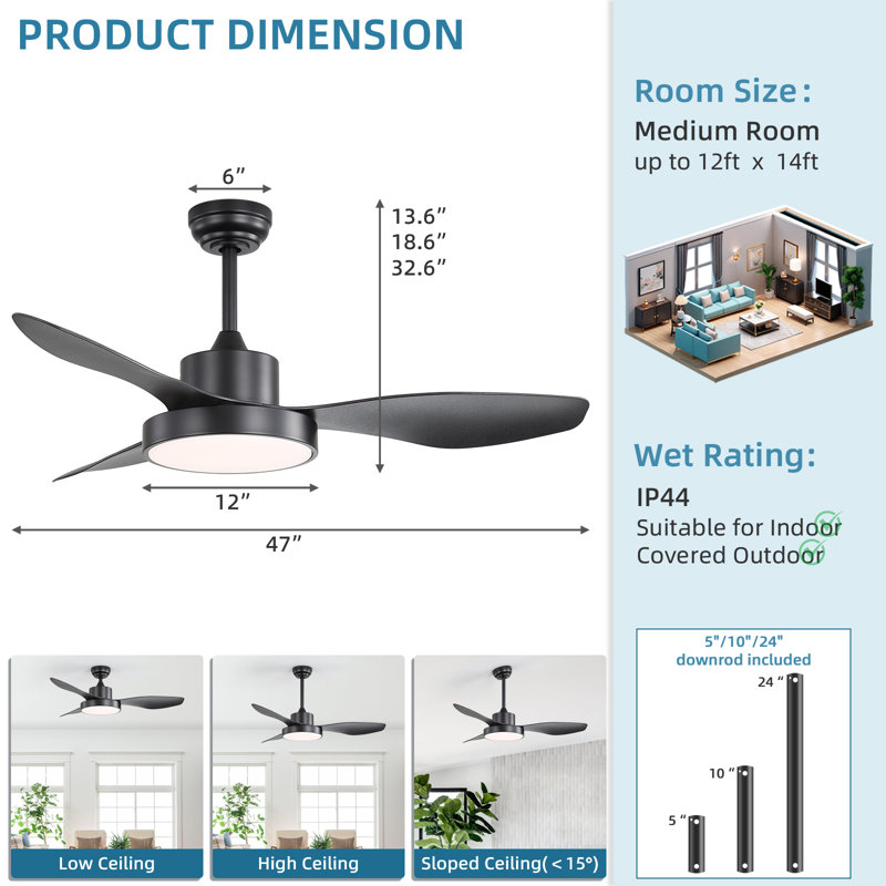 Lakenzie 47" 3 ABS Blade Modern Classic Ceiling Fan Light With Three-Tone Lighting, Remote Control Adjustment, And Timing Function