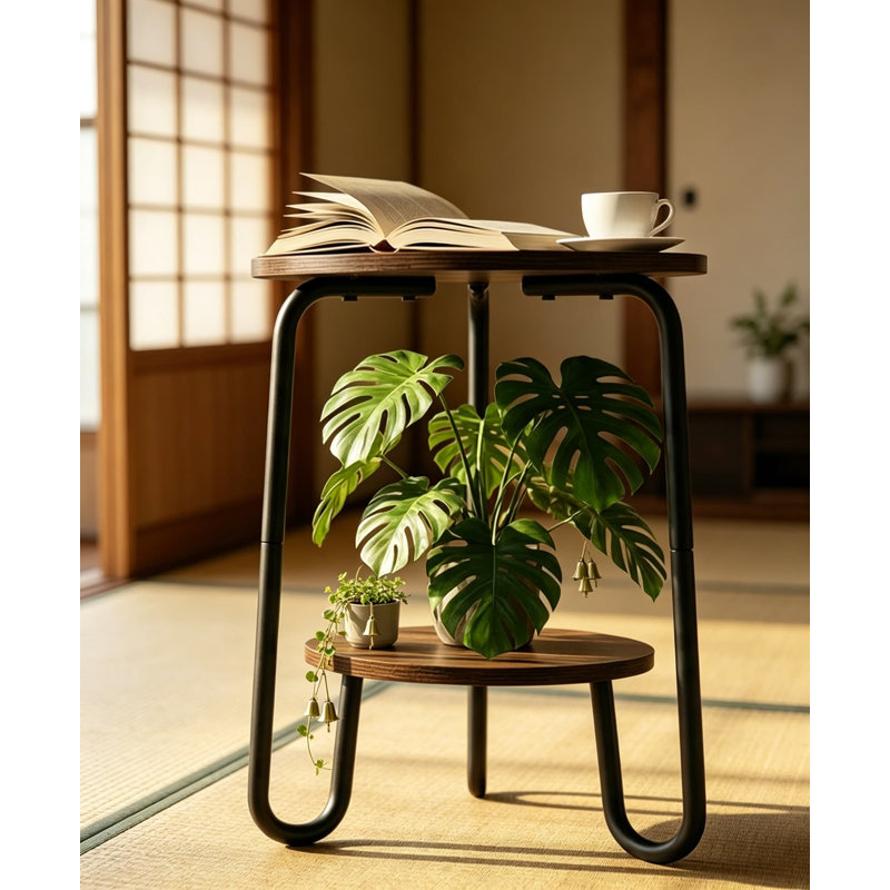 Support à plantes à 2 niveaux pour plantes d'intérieur, petite table d'appoint ronde avec cadre en fer robuste, présentoir de coin peu encombrant pour le salon, le balcon ou le bureau