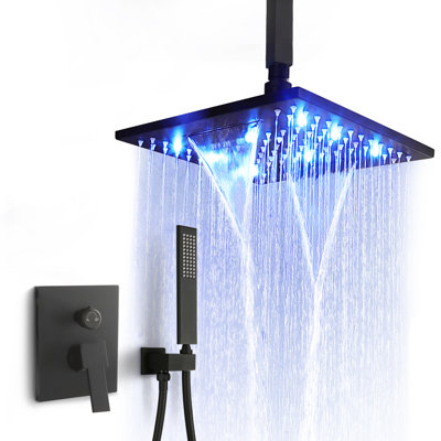 SKOWLL Ceiling Mount Shower System 10 Inch LED Rain Shower Head with Handheld, High Pressure Rainfall Bathroom Shower System Matte Black Shower Faucet Set with Rough in Valve