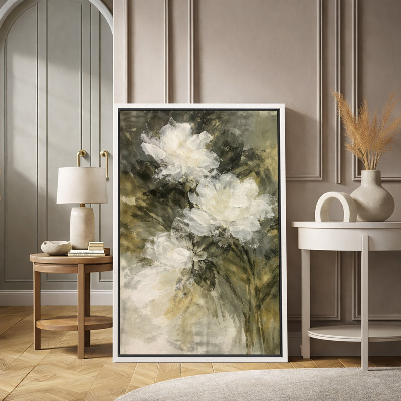 Art floral botanique blanc doux, photos de salon, impression sur toile encadrée, H 24 po x l 16 po, Cadre flottant blanc