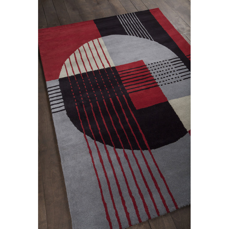 Tapis rouge / noir / gris en laine touffeté à la main Cheyenn, Rectangle 5 pi x 7 pi 6 po