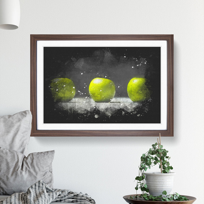 Row of Green Apples Paint Splash - Picture Frame Graphic Art, 36cm H x 48cm W x 2cm D, Walnut Framed