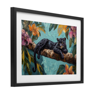 Lazy Day Black Leopard Framed Print Under Glass, design by Petal Prints Design