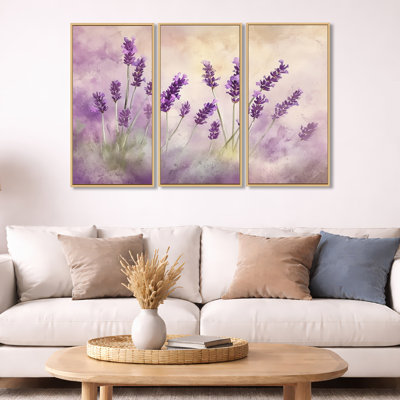 Purple Floral Canvas, Lavender Wall Art - Lavender Garden Breeze 3 Piece Framed Canvas Wall Art Set Modern Floral Decor