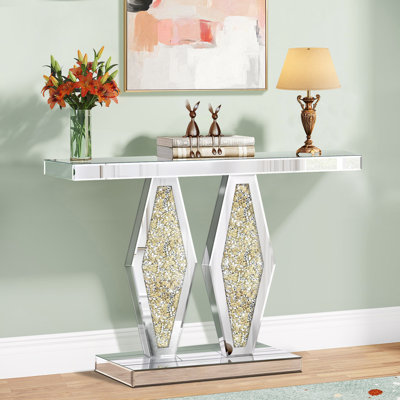 Mirrored Console Table With Crushed Diamond, 39.37" Long Silver Entryway Table by Everly Quinn