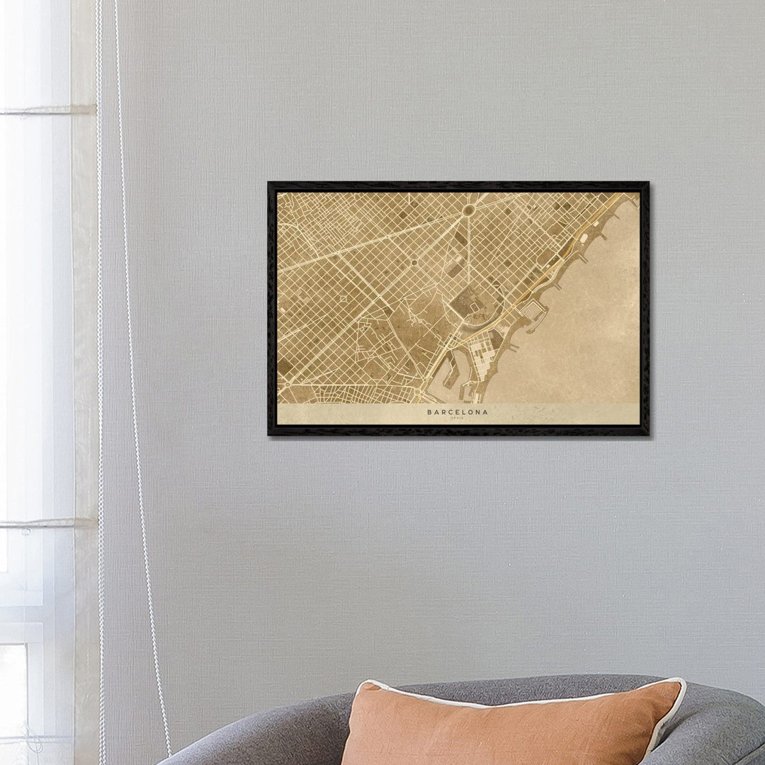 Vintage Sepia Karte von Barcelona Downtown von Blursbyai - Galerie-verpackte Leinwand Giclée auf Leinwand