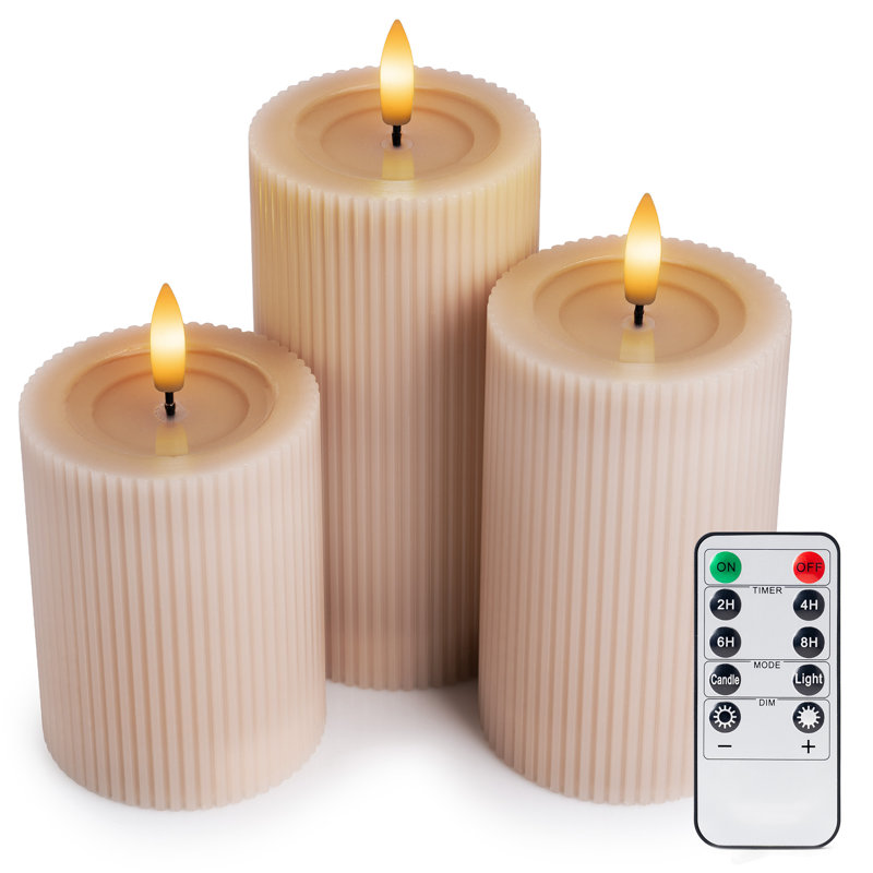 Fluted Ribbed LED Pillar Candles, with Reflective Melted-Wax Effect – Flickering Flame, Remote, Dimmable, Flameless, Battery Operated, Home & Wedding Decor (Set of 3)