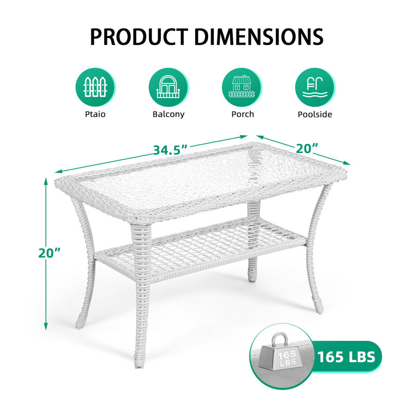  Wicker Patio Coffee Table, 34.48" Rectangle Outdoor Coffee Table With Tempered Glass Top And 2-Tier Storage Shelf, All-Weather Rattan Patio Side Table For Outside Poolside Deck Garden, White