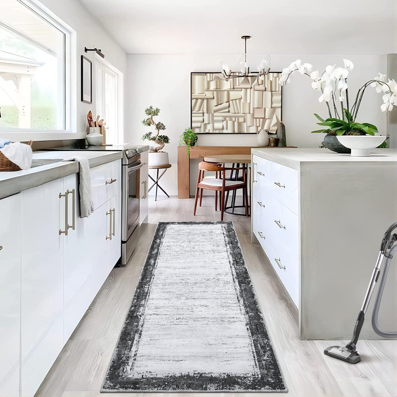Machine Washable Rugs Bordered Modern Non-Slip Low Pile Rubber Backing Indoor Area Rug for Living Room Bedroom Kitchen Dining Room