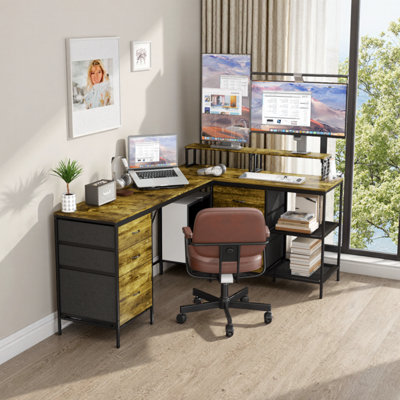 114" L-shaped Office Desk With Power Outlets & 6 Fabric Drawers – Industrial Gaming Desk With Cpu Shelf & Monitor Stands