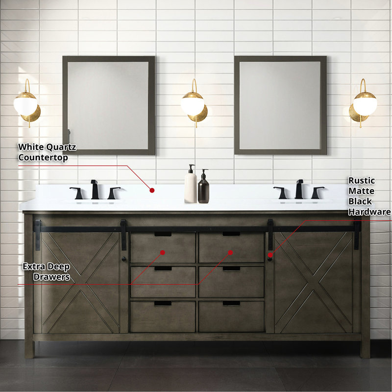 Meuble-lavabo double brun rustique 80 po X P 22 po avec comptoir en quartz blanc, robinet inclus et 30 miroirs - comptoir longue durée, teinture grattée noire mate