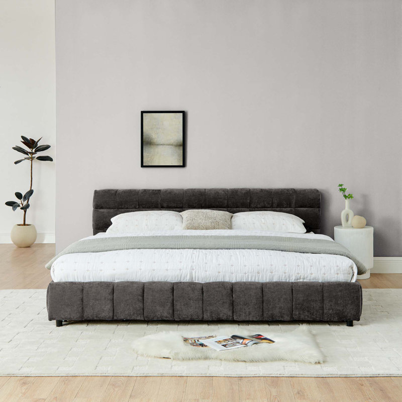 Lit tapissier, cadre de lit tapissier confortable, tissu chenille, avec tête de lit et cadre de lit solide, avec tiroir pour le rangement