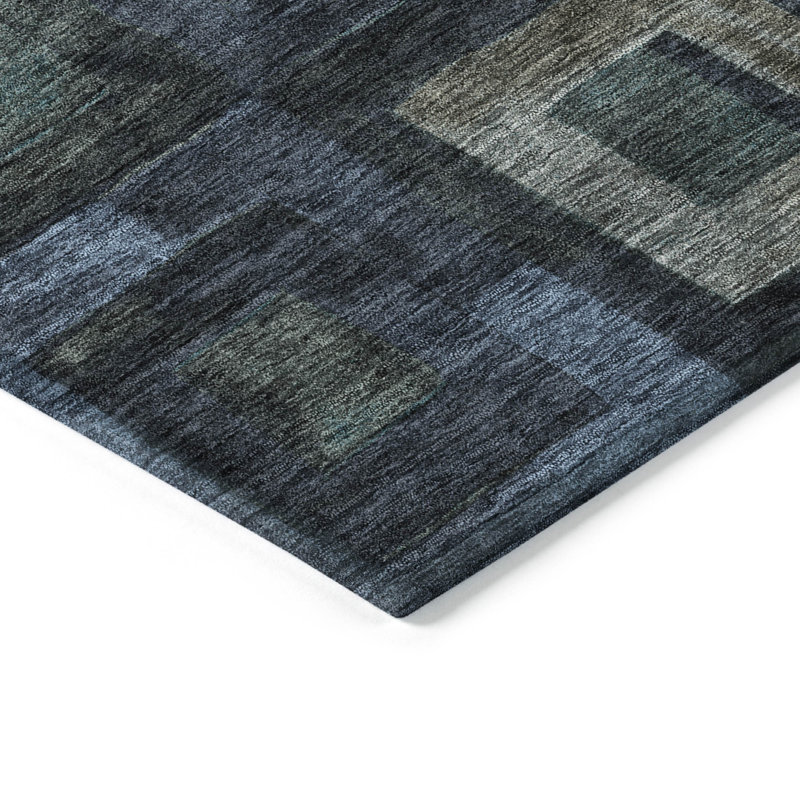 Machine Washable Blue Geometric Indoor/Outdoor Rug