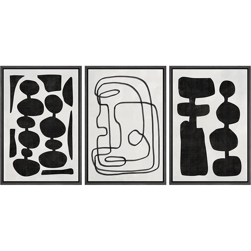 «Retro Mid-Century Boho Duotone Collage Abstract Shapes Illustration», ensemble de 3 peintures encadrées sur toile flottante