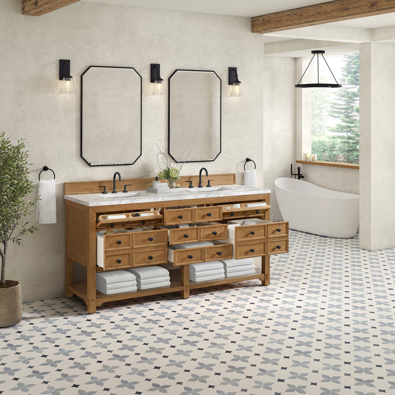 Malibu 72'' W Double Vanity, Widespread, Amber Birch, Carrara Marble