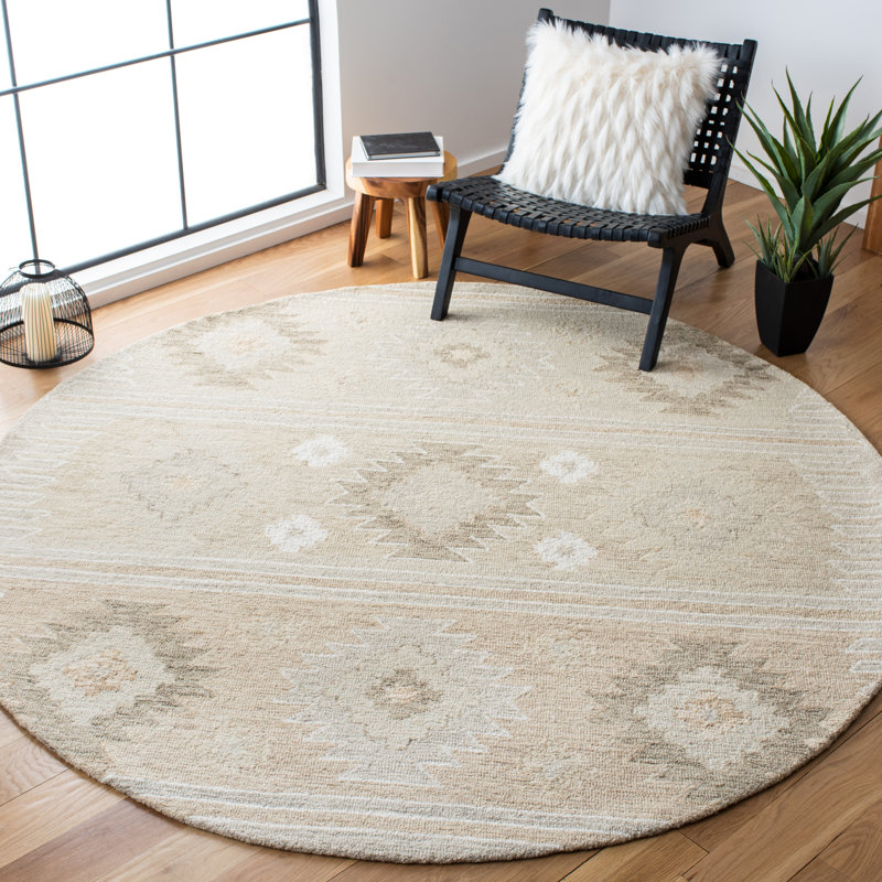 Tapis beige en laine touffeté à la main à motif géométrique Yazmin, Rond 7 pi