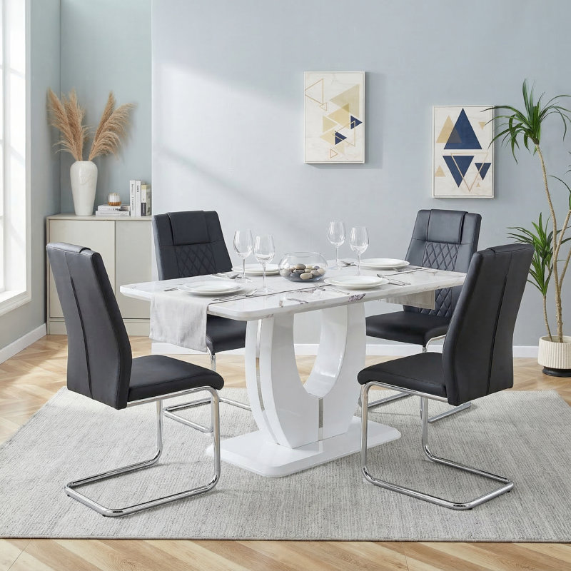 Ensemble de salle à manger à piédestal moderne Jeanlouis, 5 pièces: table, 4 chaises, Noir, Silver