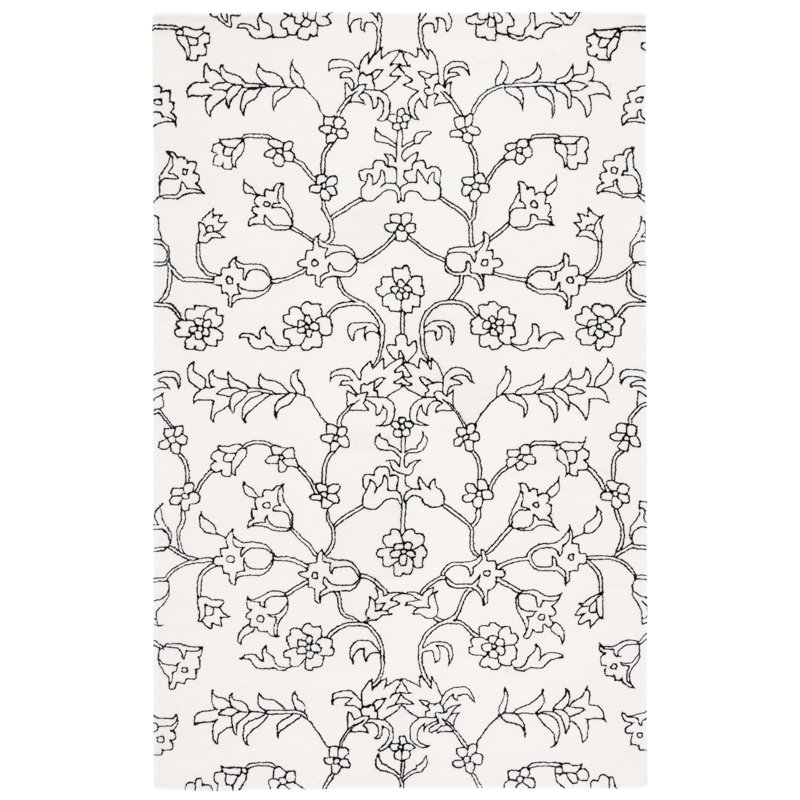 Tapis floral en laine touffeté à la main ivoire / noir, Rectangle 6 pi x 9 pi