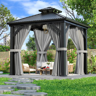 Heavy-Duty Metal Gazebo with Double-Layer Galvanized Steel Roof, Reinforced Frame, Includes Ground Anchor Base, Mesh Sidewalls and Curtains