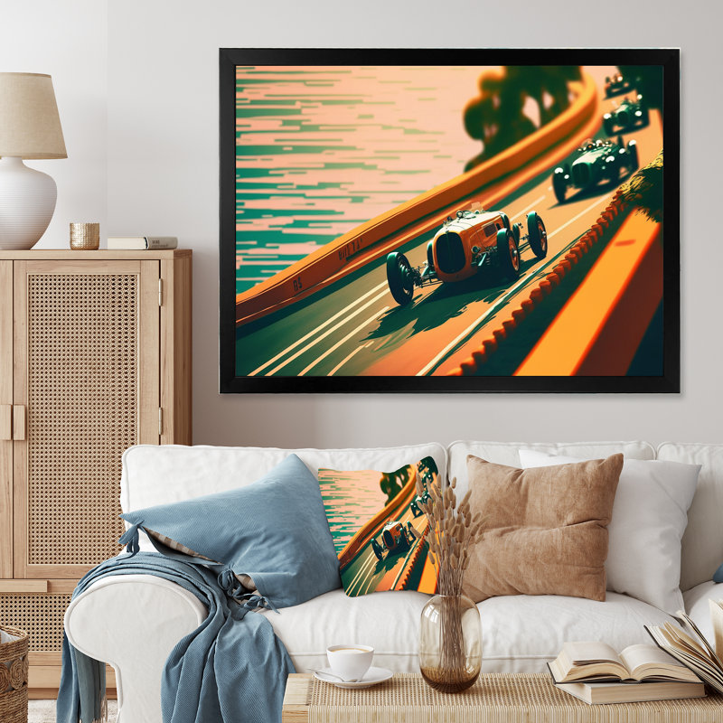 «Retro Race Car In Tropical Street Race II», reproduction sur toile, H 12 po x l 20 po x P 1 po, Toile avec cadre photo noir