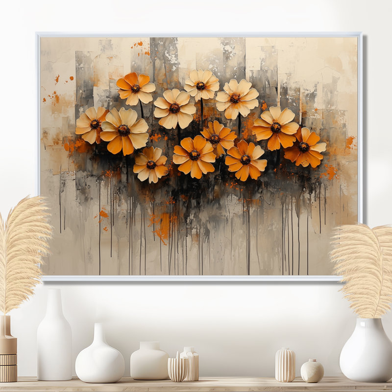 «Irimie Zinnias Flowers Winter Hues II», art mural sur toile Zinnias, H 34 po x l 44 po, Impression encadrée flottante, Blanc