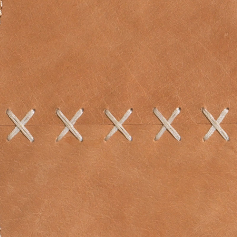 Round Brown Leather Wall Mirror with Cross Stitch