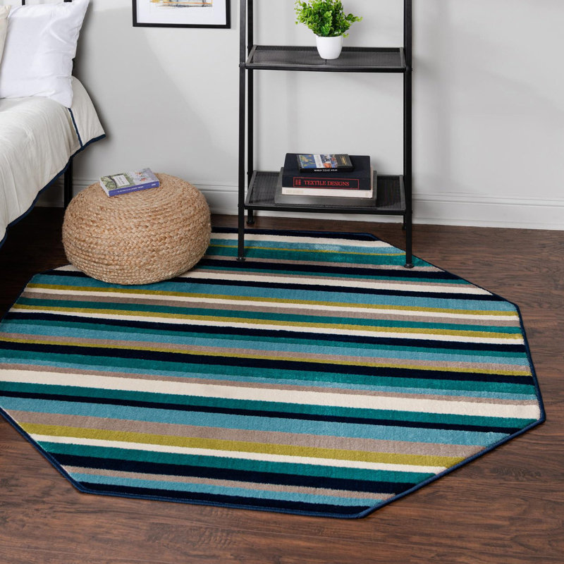 Tapis bleu sarcelle à rayures Analiese, Octogone 5 pi 3 po x 5 pi 3 po
