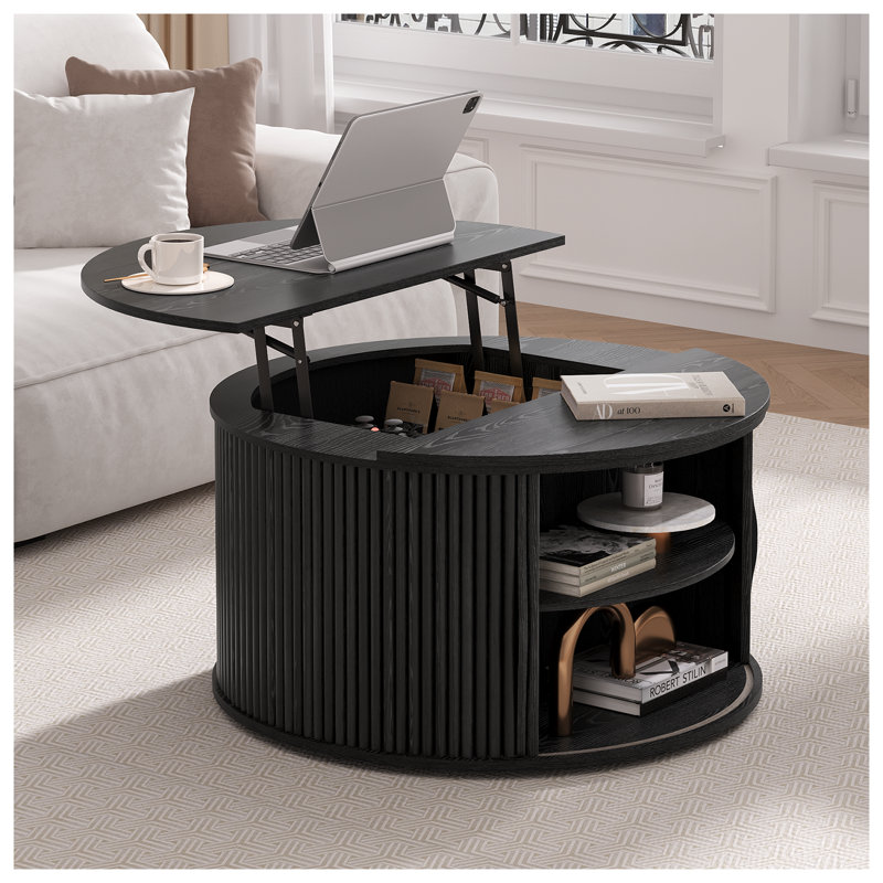 Table basse ronde avec plateau relevable, table basse à plateau relevable cylindrique 31,5 po avec compartiment caché, petite table centrale cannelée pour salon, noir
