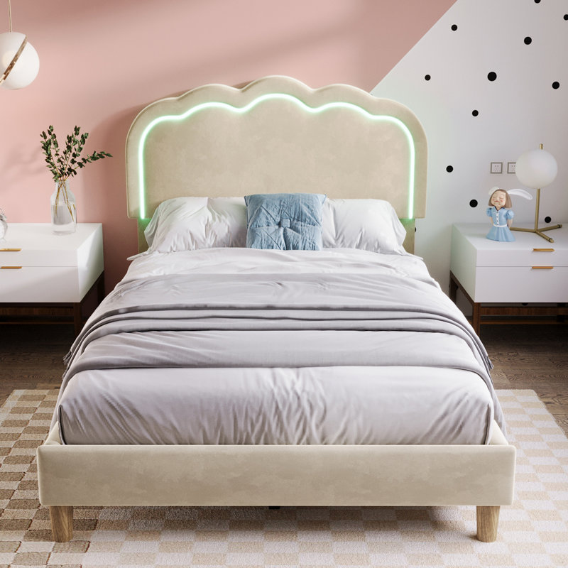 Upholstered Bed 3ft single bed With Led, Beige