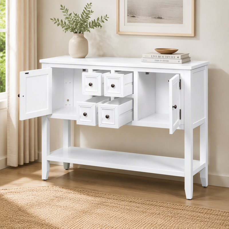 Console avec tiroirs et tablette, Blanc, Blanc, Blanc