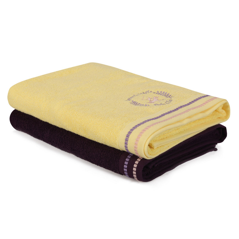 Ensemble de 2 serviettes de bain 100% coton, Mauve/jaune