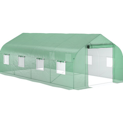 Serre de 6 m x 3 m x 2,1 m avec structure en acier robuste, 8 fenêtres grillagées, porte zippée pour plantes.