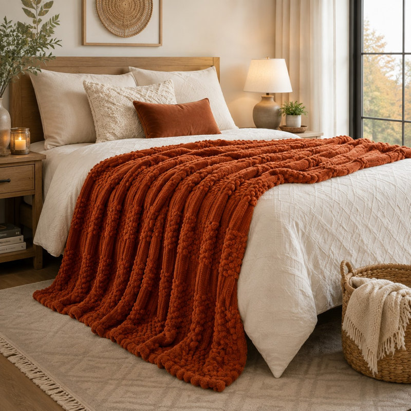 Jeté en molleton rouille avec motif bohème