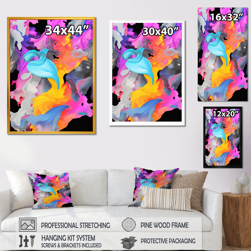 "Peinture rose et bleue Fusion II", Cadre flottant doré, H 32 po x l 24 po x P 1 po