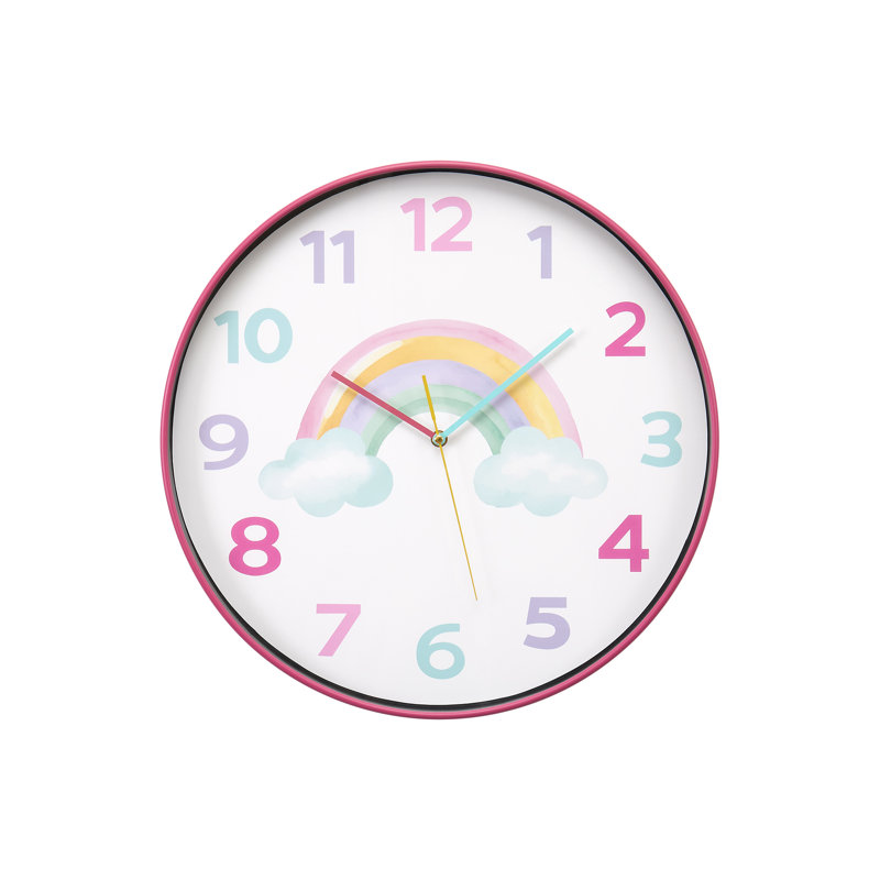 Horloges, ronde 18 po, juvénile, horloge murale, cadran multicolore, cadre rose, contemporain, moderne