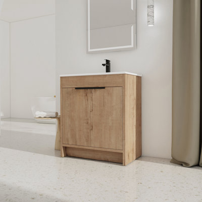 Meuble-lavabo autoportant avec lavabo en céramique et 2 portes d'armoire à fermeture en douceur
