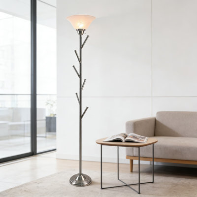 Lampe sur pied multifonctionnelle avec portemanteau - Lampe sur pied à 6 crochets pour le salon, la chambre à coucher et le coin bureau avec finition en nickel brossé et abat-jour en verre texturé