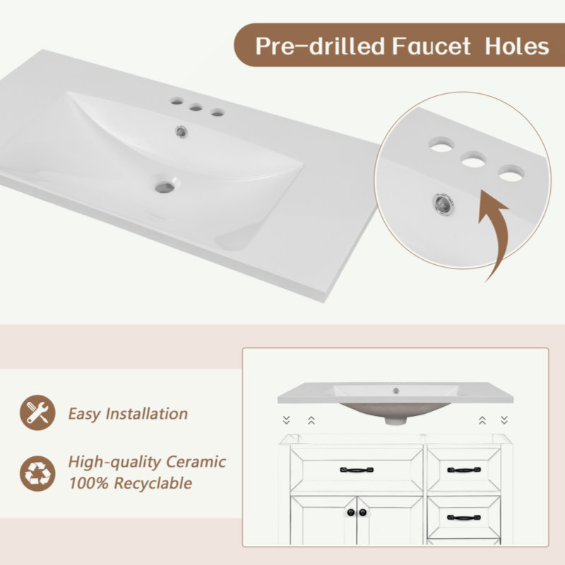 Meuble-lavabo 36 po avec lavabo, armoire de salle de bain avec tiroirs, structure solide et panneau de fibres à densité moyenne
