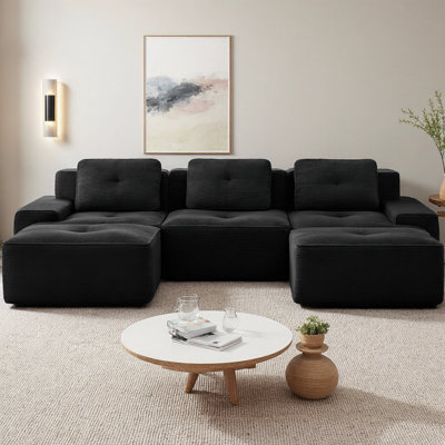 Canapé modulaire en forme de U de 117 po avec repose-pieds, canapé 3 places en velours côtelé avec passepoil perlé et conception capitonnée, canapé à nuage profond, aucun assemblage requis et base antidérapante