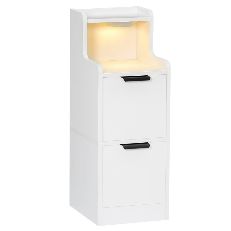2-Drawers Narrow End Table with LED Light，Small Side Table with Drawers & Open Shelf