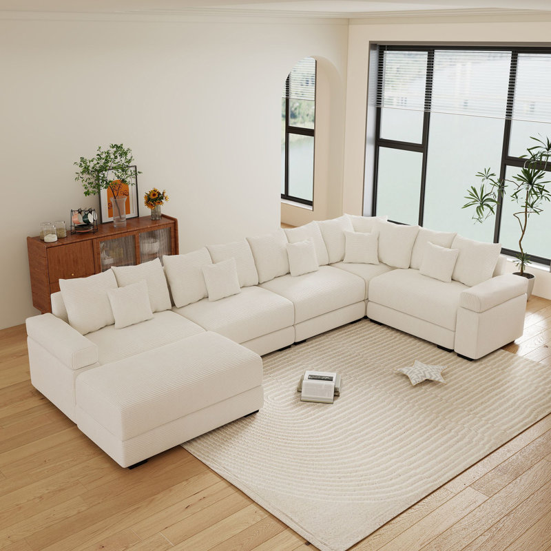 155" Oversized Cloud Modular L-Shape Sectional Sofa with Ottoman, Soft Corduroy Fabric, Beige Corduroy