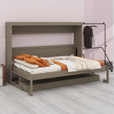 Lit escamotable avec rangement, armoire-lit pliable avec coiffeuse, miroir central et 2 tiroirs latéraux