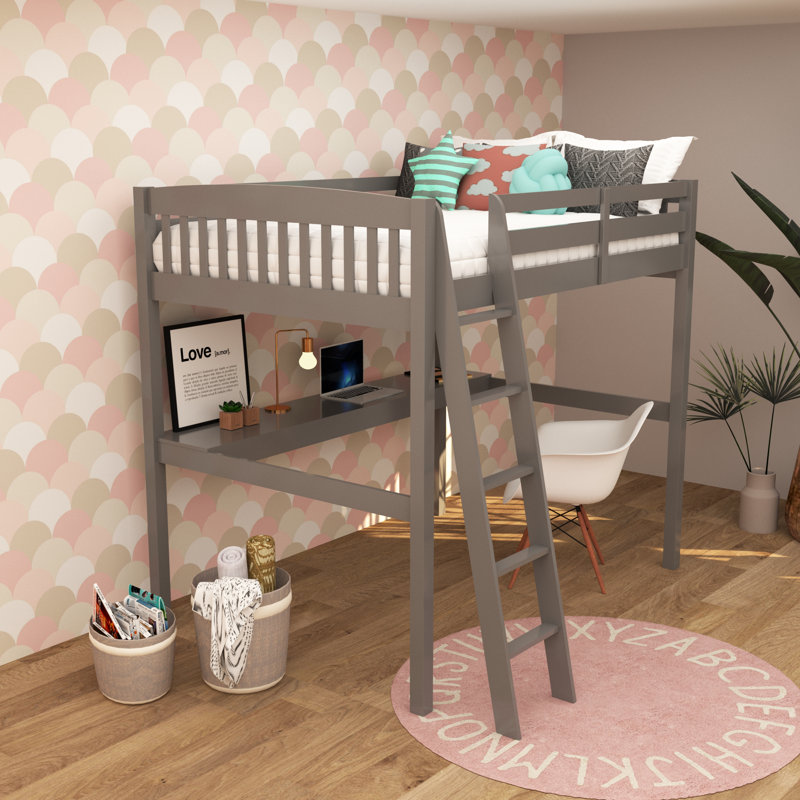 Daylin High Loft Bed with Desk and Storage, Solid Wood Loft Bed Frame with Stairs for Kids and Toddlers, Gray, Full