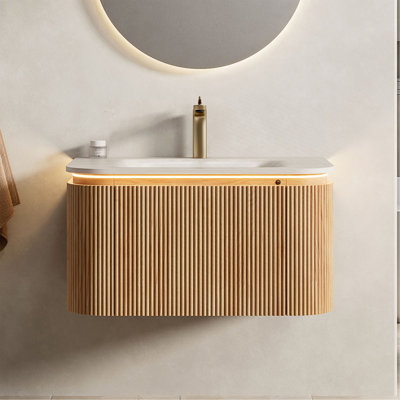 Meuble-lavabo DIEN 30 po avec lavabo intégré, bords incurvés, tiroir, éclairage à détecteur de mouvement, lavabo intégré en pierre frittée à motif de travertin, préassemblé