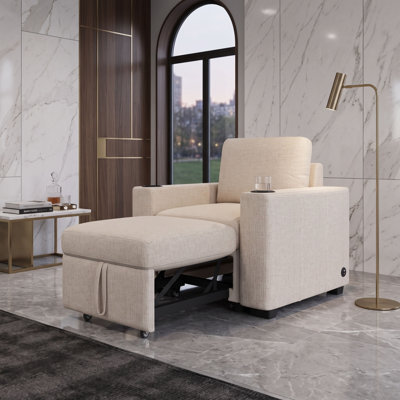 Chaise longue convertible en chenille avec canapé-lit et ports USB