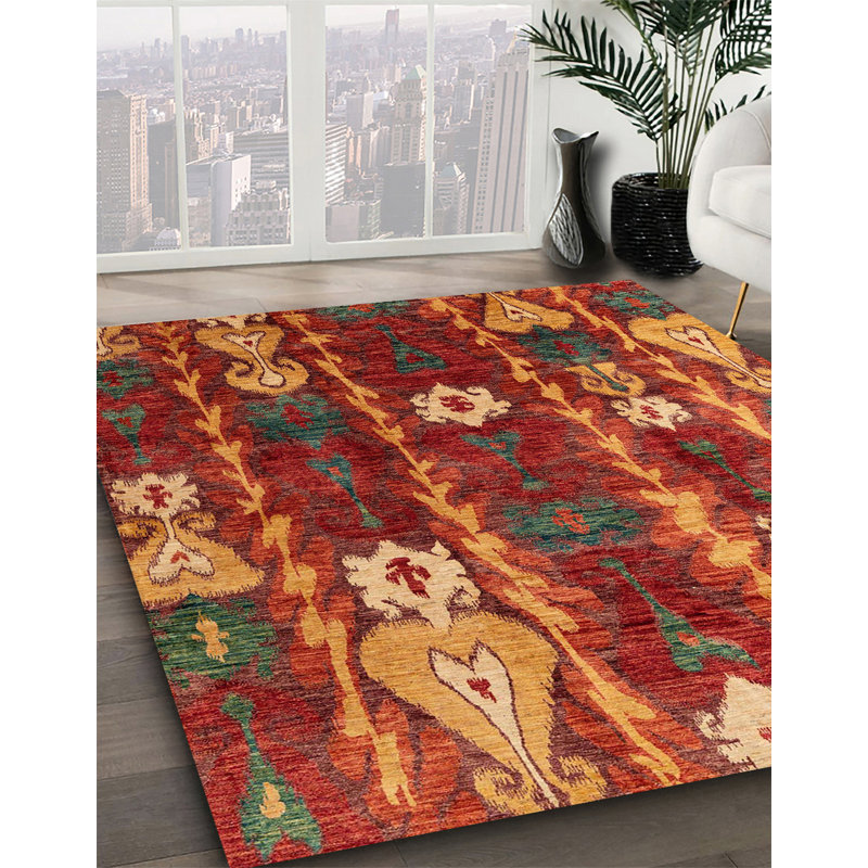 Tapis abstrait beige / rouge, Rond 7 pi