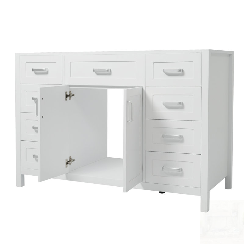 Armoire de salle de bain de style classique avec 2 portes et 8 tiroirs à fermeture en douceur, Blanc