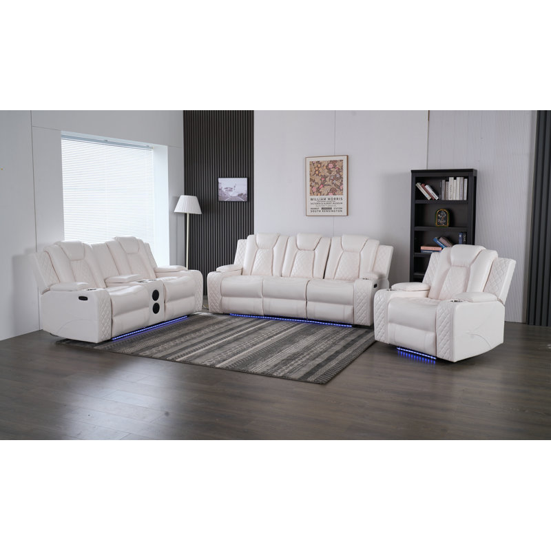 Ensemble de salon 3 pièces inclinable électrique moderne en similicuir avec éclairage DEL, recharge sans fil, ports USB-C / USB, haut-parleurs Bluetooth, console de rangement et table rabattable