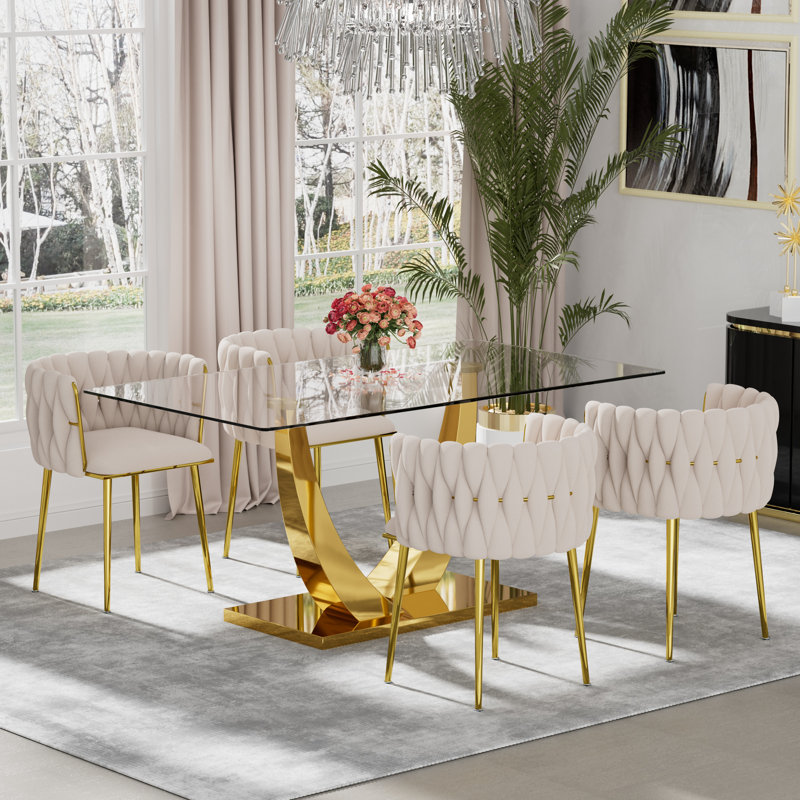 Rectangle Pedestal Dining Set with Woven Dining Chair, Beige, Gold