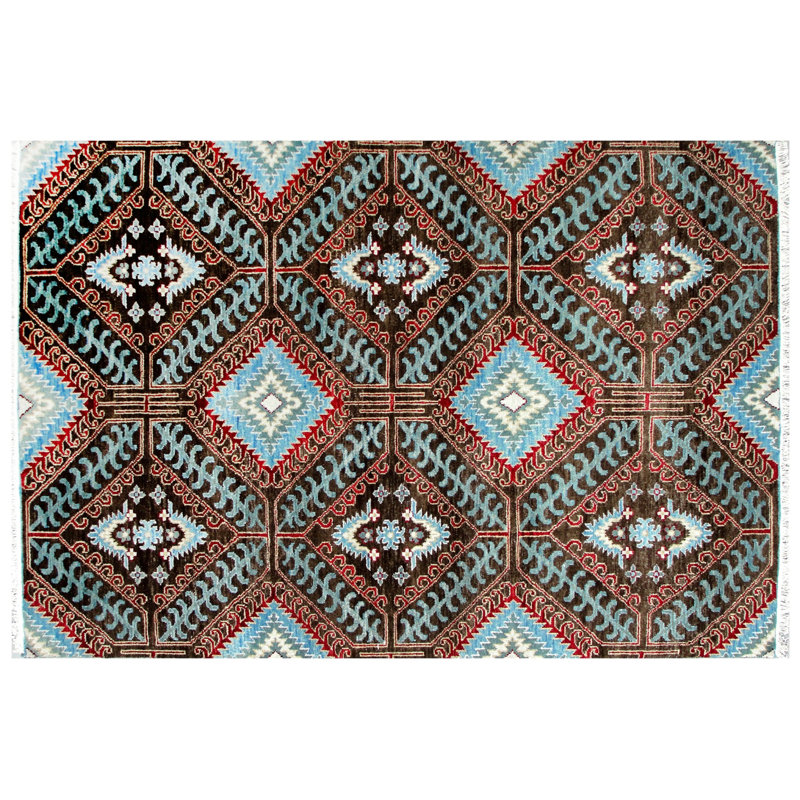 Hand-Knotted Midnight Blue & Brown Wool Area Rug 6' x 9' ft– Bold Southwestern Diamond Geometric Design